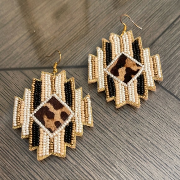 Charley Jo’s Jewelry - Aztec Shape, Seed Bead, Animal Pattern Fur, Fabric Earrings